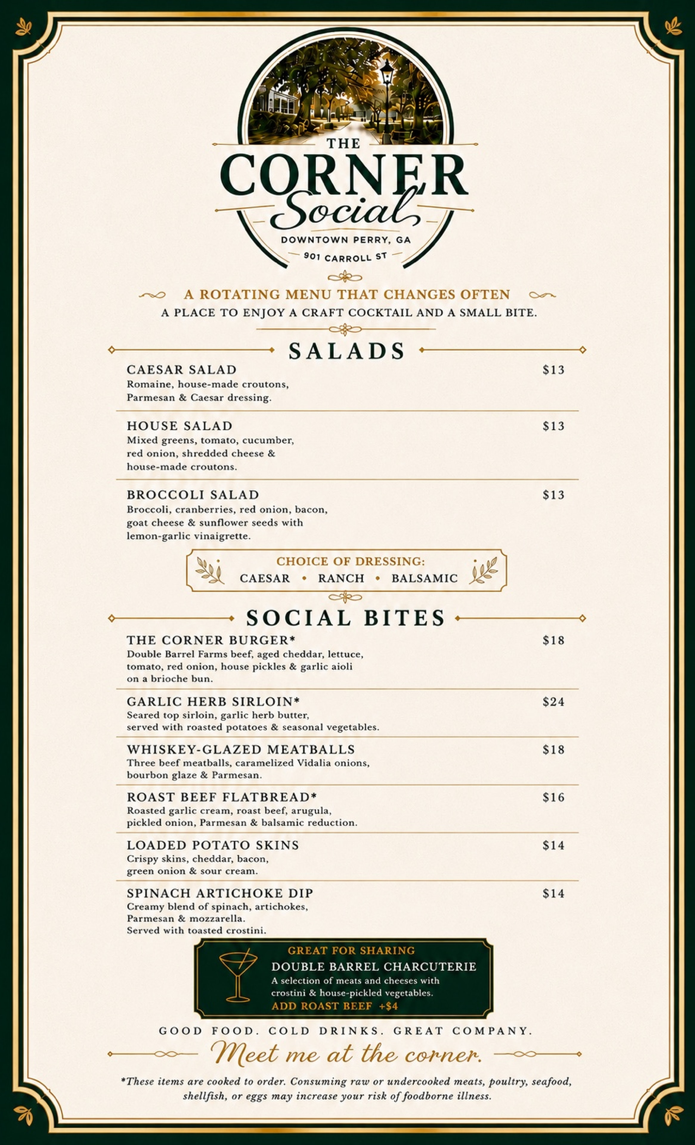 The Corner Social food menu