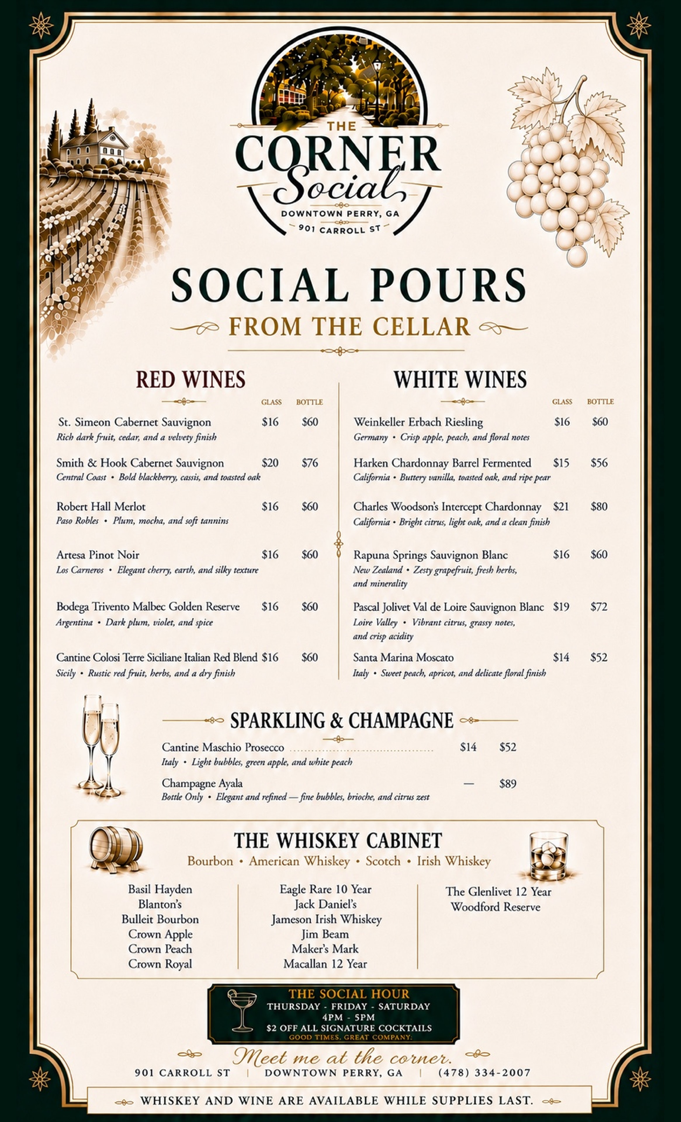 The Corner Social wine and whiskey menu
